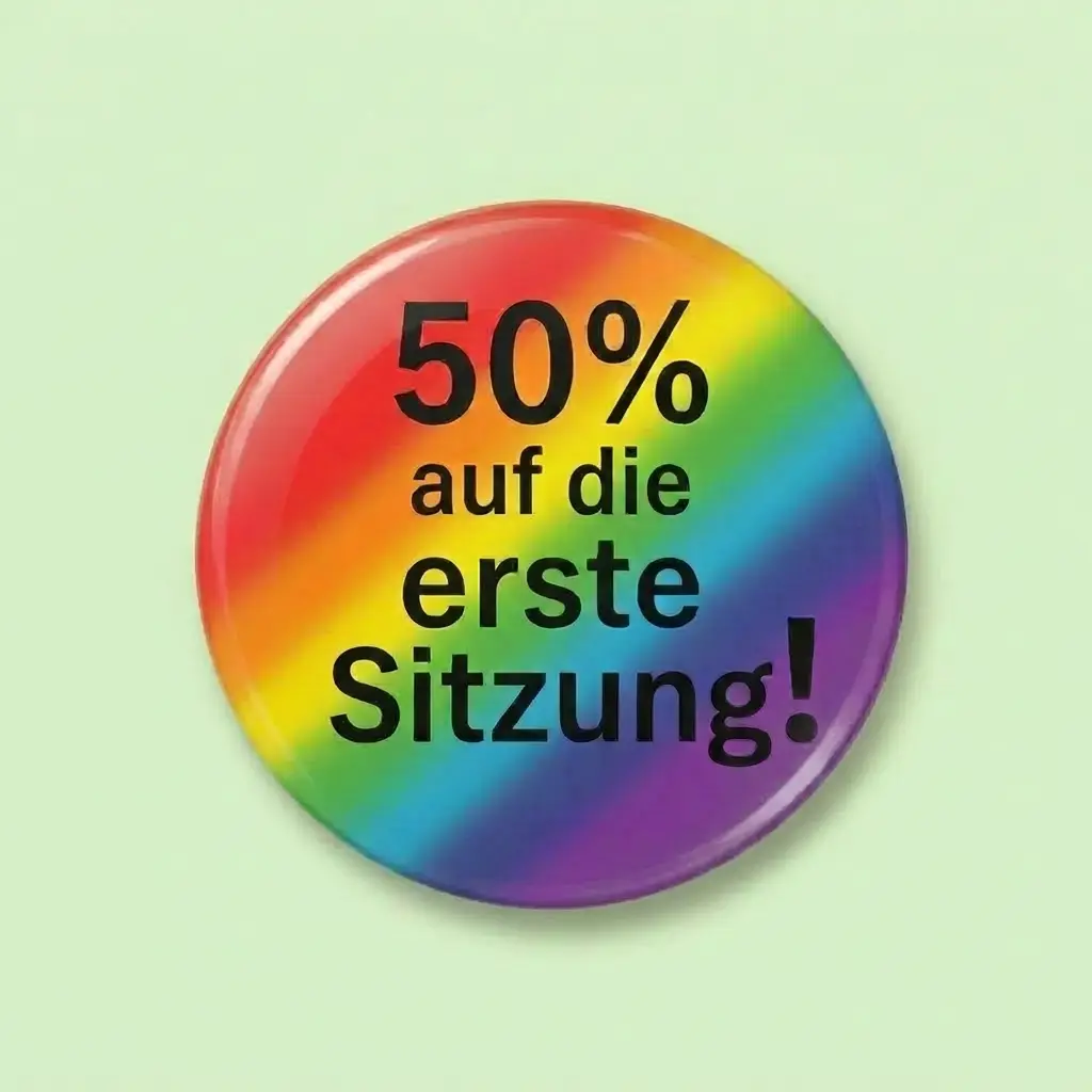 Orange badge with white text reading '50% Erste Sitzung'