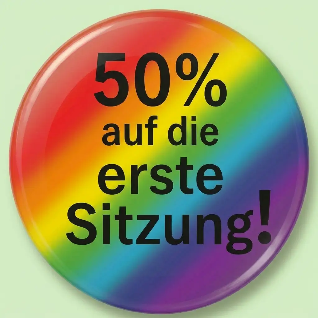 50_prozent_badge Orange badge with white text reading '50% Erste Sitzung'